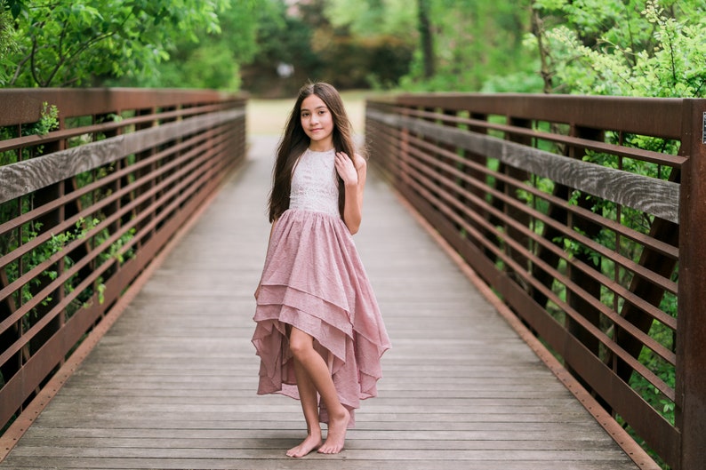 Little Girl Boho Dress, Mauve Pink High Low Dress, Vintage Style Flower Girl Dress, Country Flower Girl Dress, Open Back Dress Maxi, BREEZY image 6