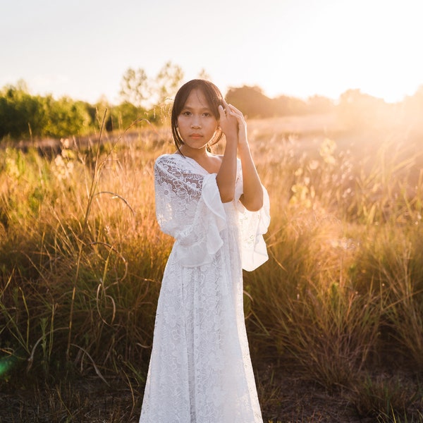 Bohemian Flower Girl Dress, Vintage Style Junior Bridesmaid Dress, Boho Lace Maxi Dress, Flowy Lace Dress, Angel Sleeve Dress, 10 12 OPHELIA