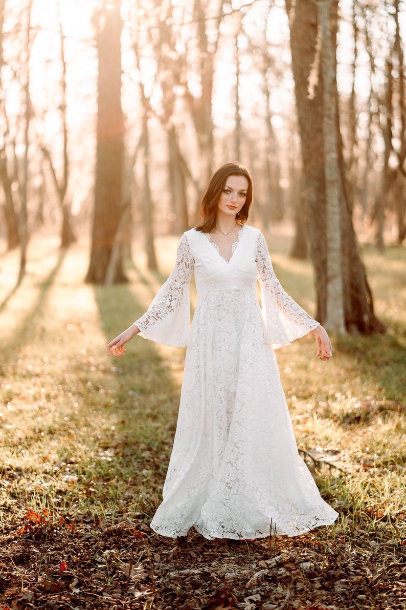 Boho Lace Wedding Dress Long Bell Sleeve Elopement Dress Etsy
