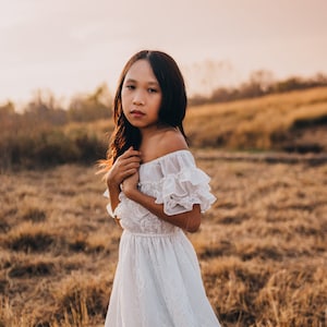 Boho Beach Off Shoulder Junior Bridesmaid Embroidered Maxi Dress Country Off White Flower Girl Dress with Sleeves ANABELLE image 5