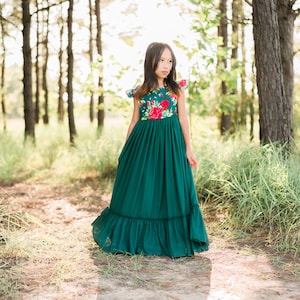 Green Holiday Dress for Tween Girl Kids Christmas Party Dress Winter Floral Chiffon Maxi Dress Vintage Flutter Sleeves EMMA image 1