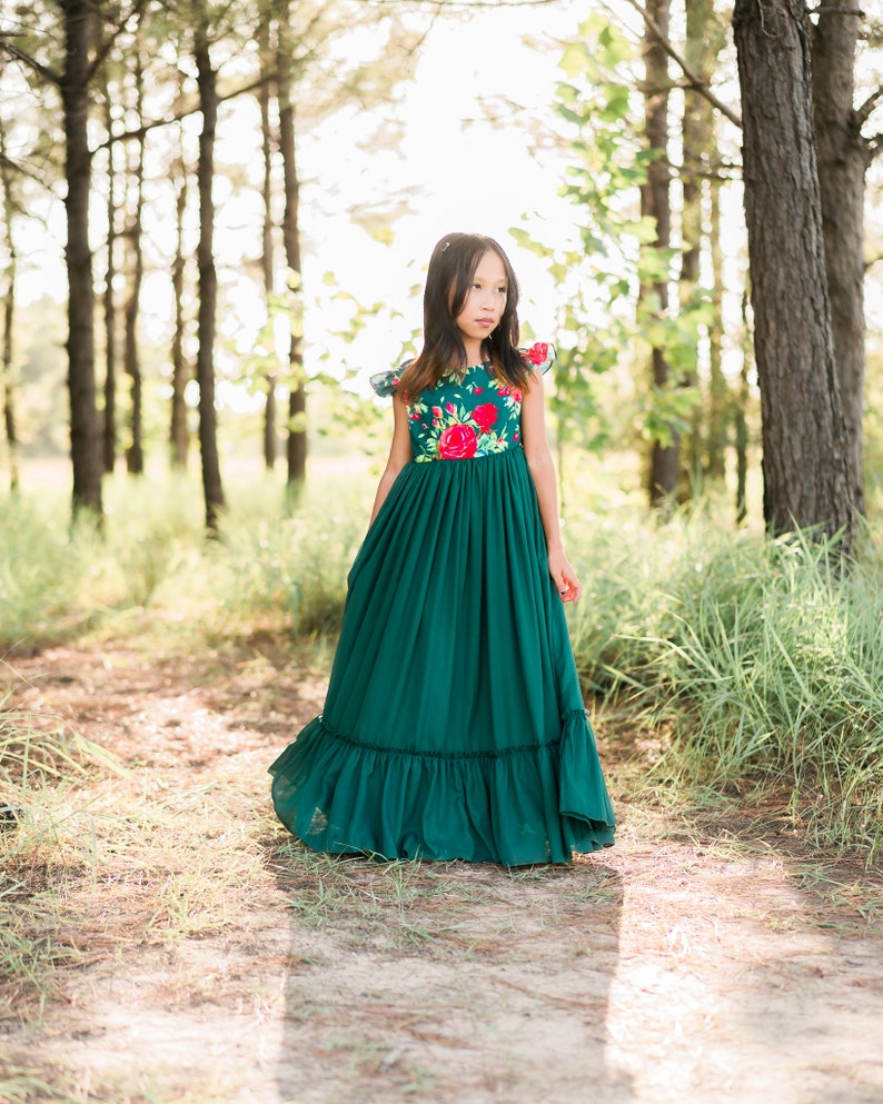 Green Holiday Dress for Tween Girl Kids Christmas Party Dress Winter Floral Chiffon Maxi Dress Vintage Flutter Sleeves EMMA image 1