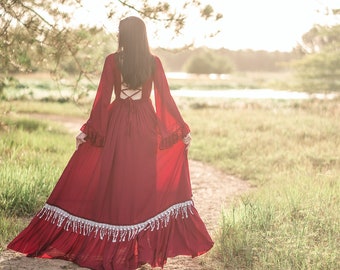 Red Wiccan Wedding Dress Colorful Non Traditional Bridal Gown Adventure Engagement Flowy Photo Shoot Dress  Angel Sleeve Fairy Maxi CAPREE