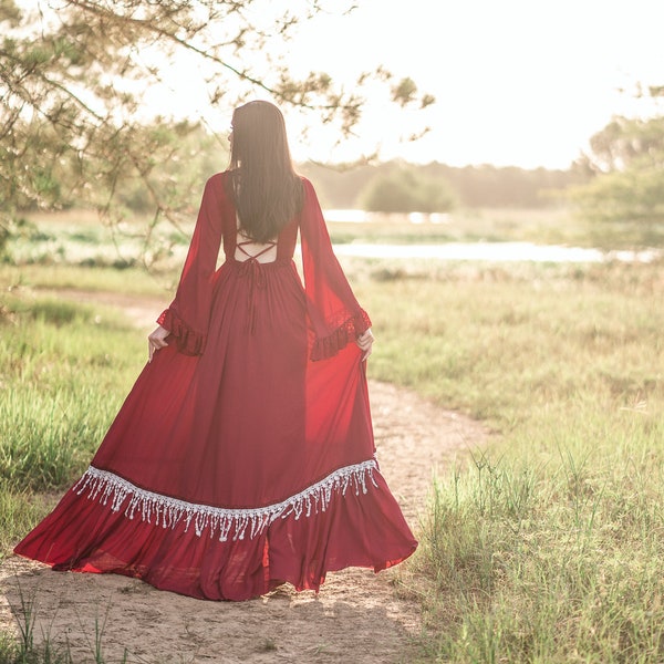 Red Wiccan Wedding Dress Colorful Non Traditional Bridal Gown Adventure Engagement Flowy Photo Shoot Dress  Angel Sleeve Fairy Maxi CAPREE