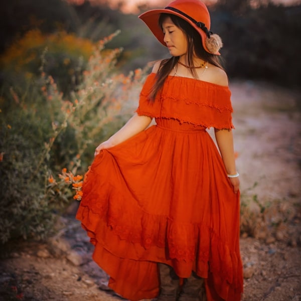 Fall Flower Girl Dresses, Toddler Girl Photo Shoot Dress, Rust Orange Maxi Dress, Twirly Dresses, Off Shoulder Ruffle Dress ISLA