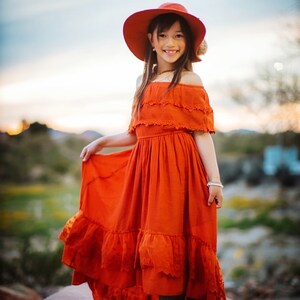 Burnt Orange Jr Bridesmaid Dress, Fall Flower Girl Dress, Bohemian Off the Shoulder Dress, Hippie Girl Maxi Dress, Rusty Orange Dress ISLA image 4