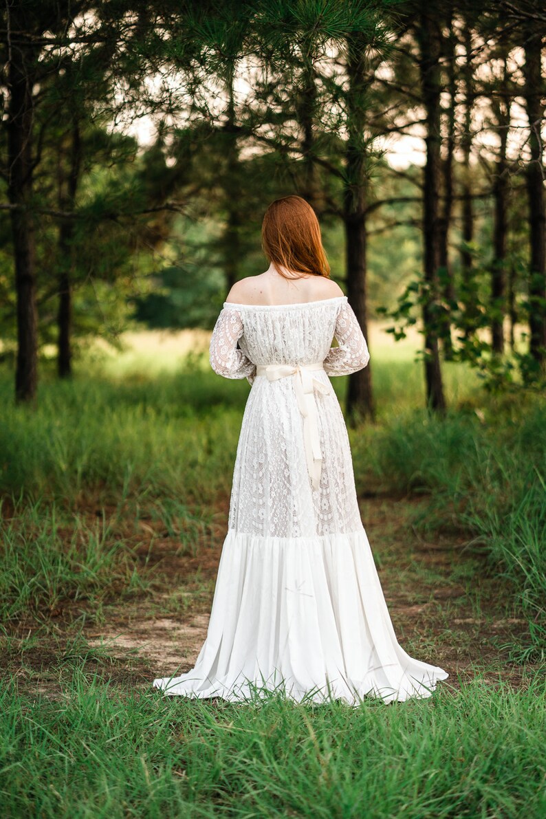 Rustic Lace Wedding Dress Plus Size Wedding Gown Long Flowy Off the Shoulder Bridal Dress Winter Wedding Dress Angelica image 8