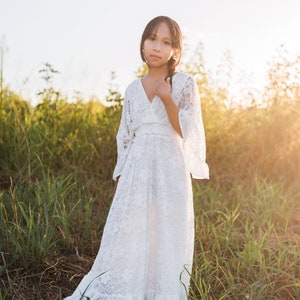 Boho Flower Girl Dress, White Lace Dress, Rustic Flower Girl, First Communion Dress, Girls Couture Dress, Girls Maxi Dress, OPHELIA image 8