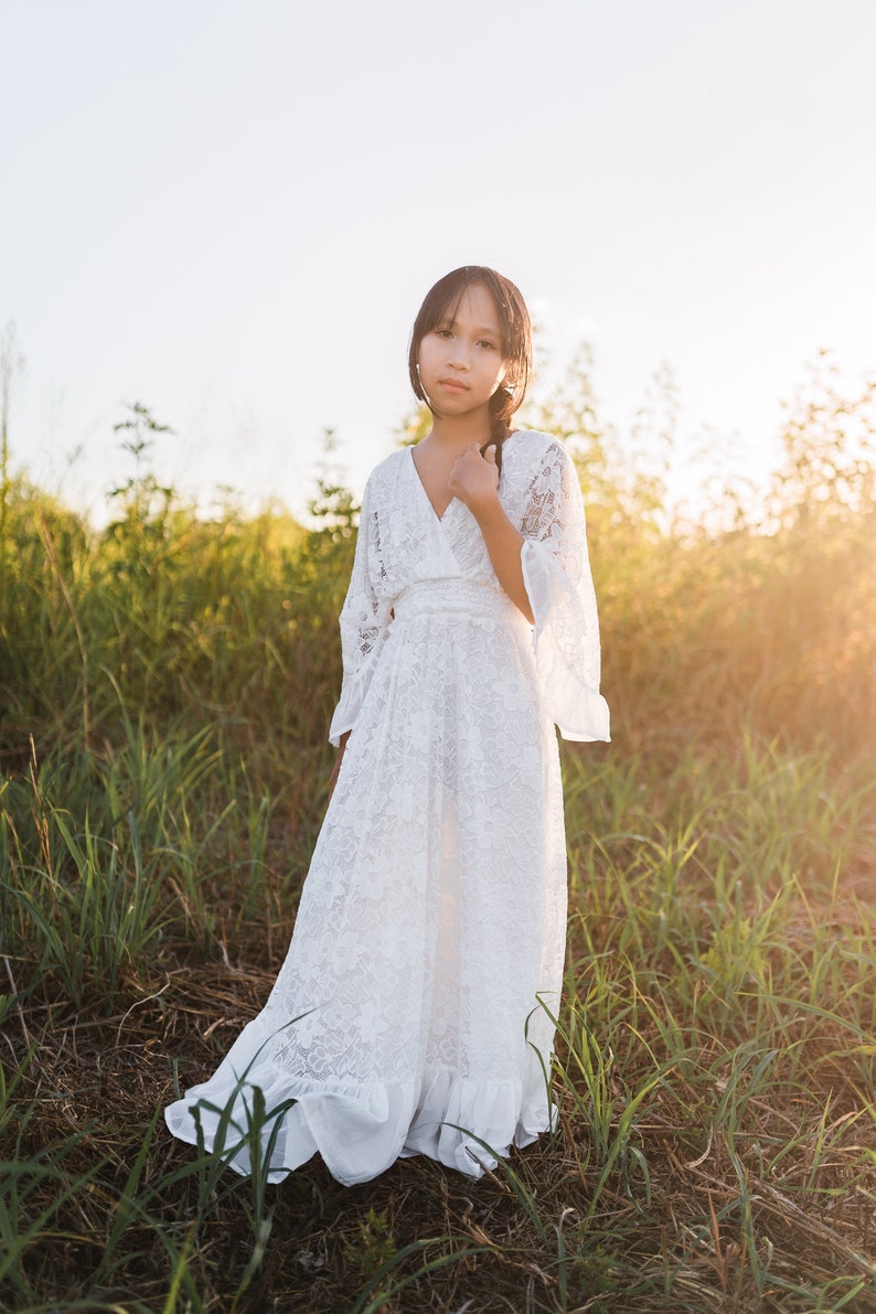 Boho Flower Girl Dress, White Lace Dress, Rustic Flower Girl, First Communion Dress, Girls Couture Dress, Girls Maxi Dress, OPHELIA image 8