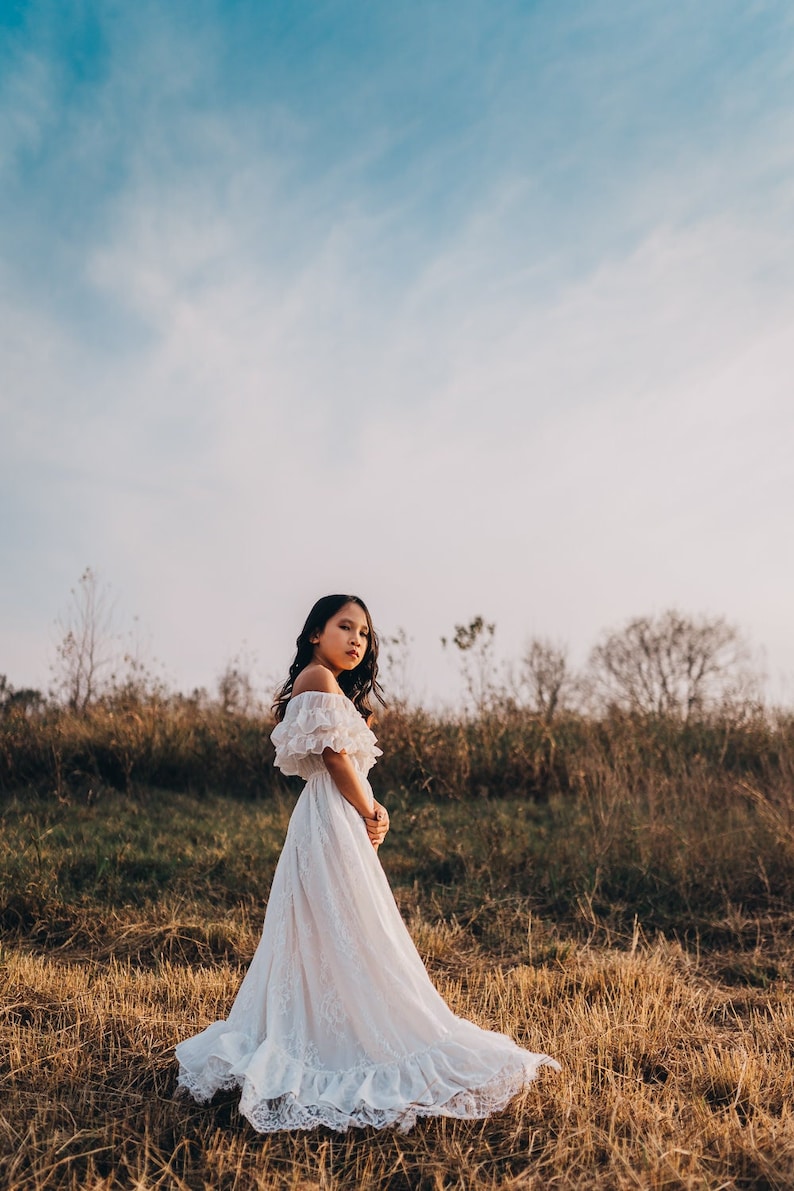 Boho Beach Off Shoulder Junior Bridesmaid Embroidered Maxi Dress Country Off White Flower Girl Dress with Sleeves ANABELLE image 1