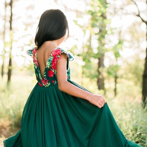 Green Holiday Dress for Tween Girl Kids Christmas Party Dress Winter Floral Chiffon Maxi Dress Vintage Flutter Sleeves EMMA image 6