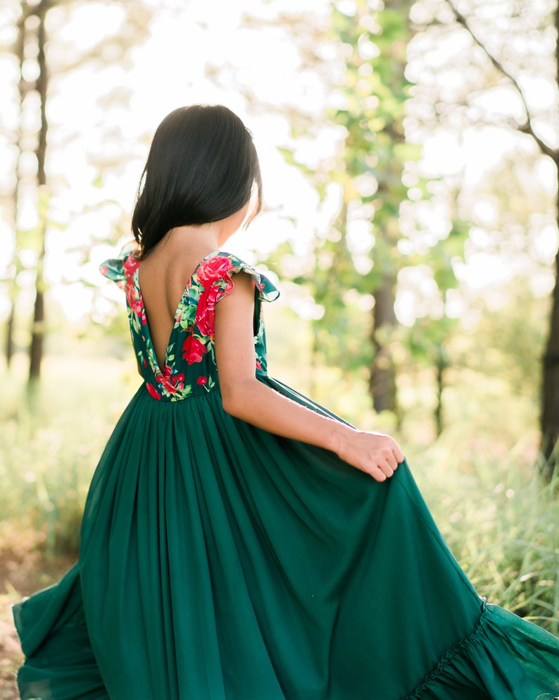Green Holiday Dress for Tween Girl Kids Christmas Party Dress Winter Floral Chiffon Maxi Dress Vintage Flutter Sleeves EMMA image 6