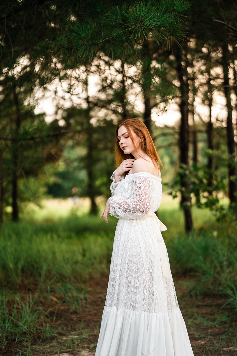 Rustic Lace Wedding Dress Plus Size Wedding Gown Long Flowy Off the Shoulder Bridal Dress Winter Wedding Dress Angelica image 9