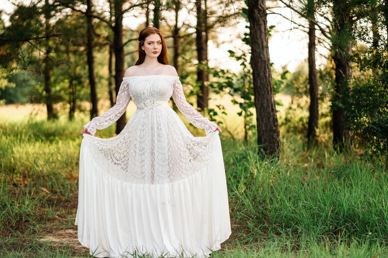 Rustic Lace Wedding Dress Plus Size Wedding Gown Long Flowy Off the Shoulder Bridal Dress Winter Wedding Dress Angelica image 7