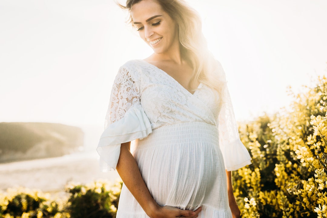 Boho Maternity Dress for Baby Shower Bohemian Floral Embroidered off