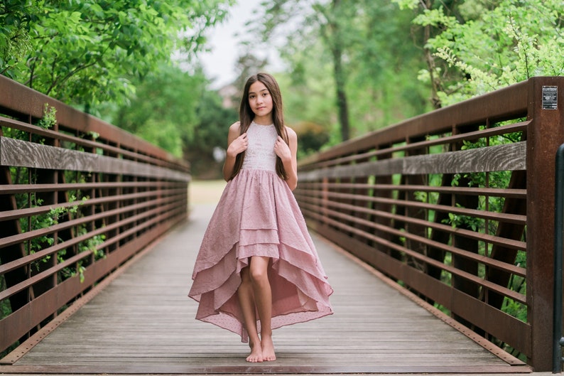 Kids Bohemian Summer Dress, Rustic Flower Girl Dress, Tween Junior Bridesmaid Dress, Dusty Pink, Beach Flower Girl, High Low Dress, BREEZY image 1