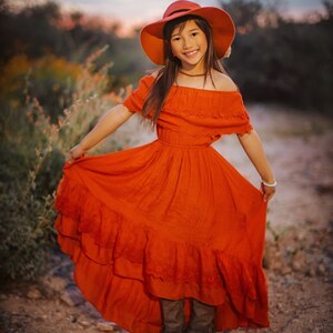 Burnt Orange Jr Bridesmaid Dress, Fall Flower Girl Dress, Bohemian Off the Shoulder Dress, Hippie Girl Maxi Dress, Rusty Orange Dress ISLA image 10