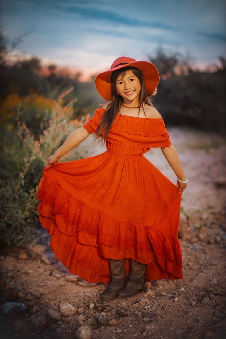 Burnt Orange Jr Bridesmaid Dress, Fall Flower Girl Dress, Bohemian Off the Shoulder Dress, Hippie Girl Maxi Dress, Rusty Orange Dress ISLA image 10