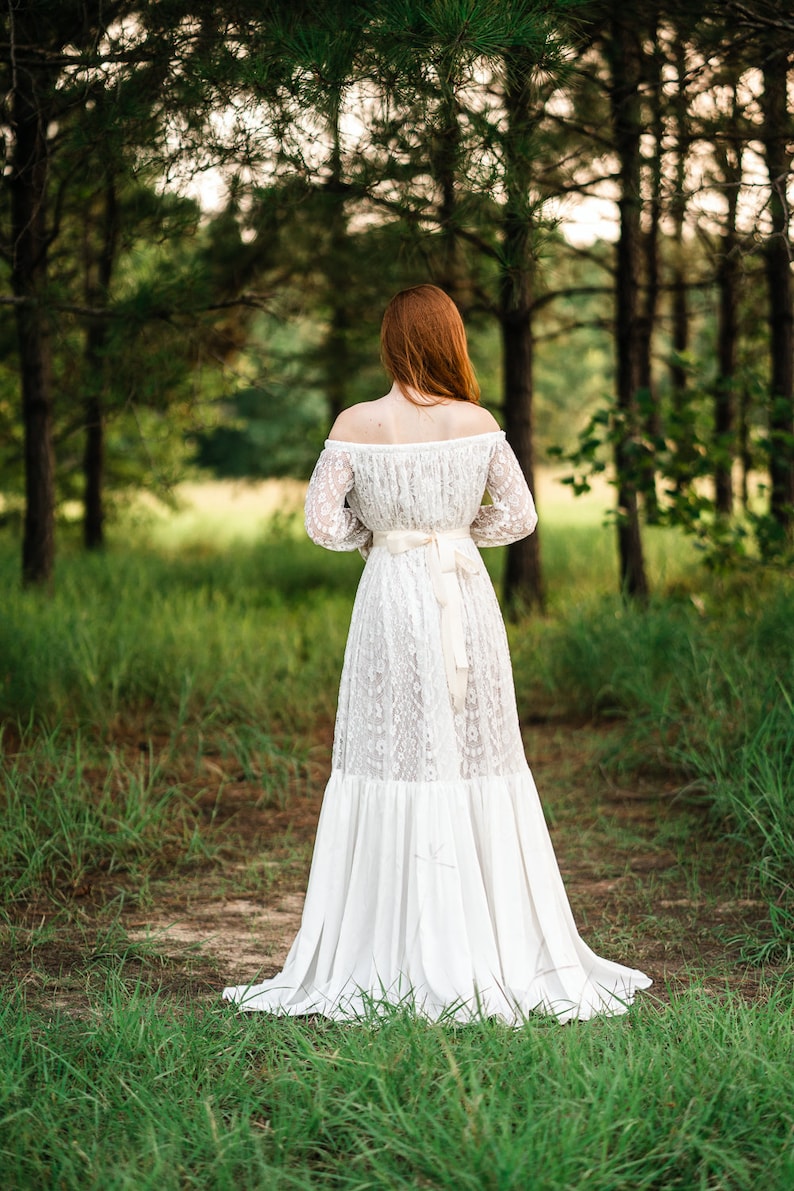 Rustic Lace Wedding Gown Romantic Off the Shoulder Bridal Gown Long Sleeve Elegant Elopement Dress Affordable Wedding ANGELICA image 4