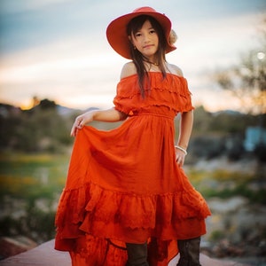 Burnt Orange Jr Bridesmaid Dress, Fall Flower Girl Dress, Bohemian Off the Shoulder Dress, Hippie Girl Maxi Dress, Rusty Orange Dress ISLA image 1