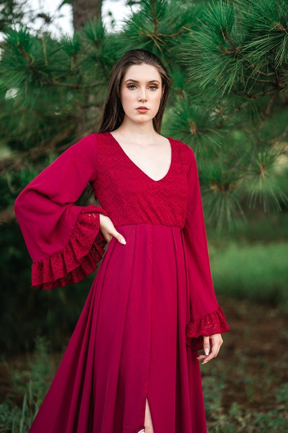 NUR MODA KAFTAN & BİNDALLI Long Sleeve Maxi Velvet Regular Red Engagement  Dress Nmd2328kır