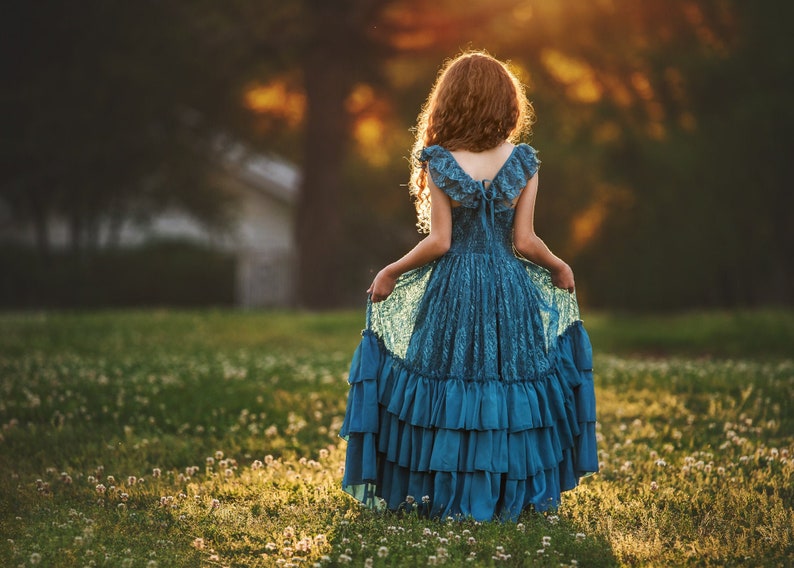 Teal Blue Girls Pageant Dress Princess Couture Woodland Fairy Dress Peacock Blue Winter Flower Girl Lace Maxi Dress Rustic Wedding Versaille