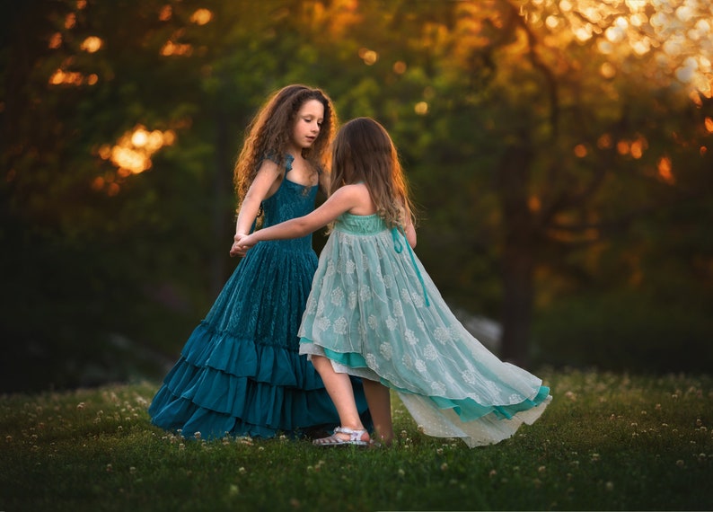 Teal Blue Girls Pageant Dress Princess Couture Woodland Fairy Dress Peacock Blue Winter Flower Girl Lace Maxi Dress Rustic Wedding Versaille