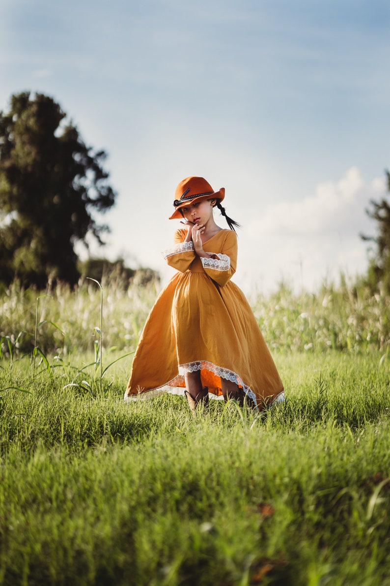 Boho Flower Girl Dress Burnt Orange Maxi Dress Mustard Yellow Junior Bridesmaid Dress Cotton High Low Twirl Dress Spring Dress Guinevere