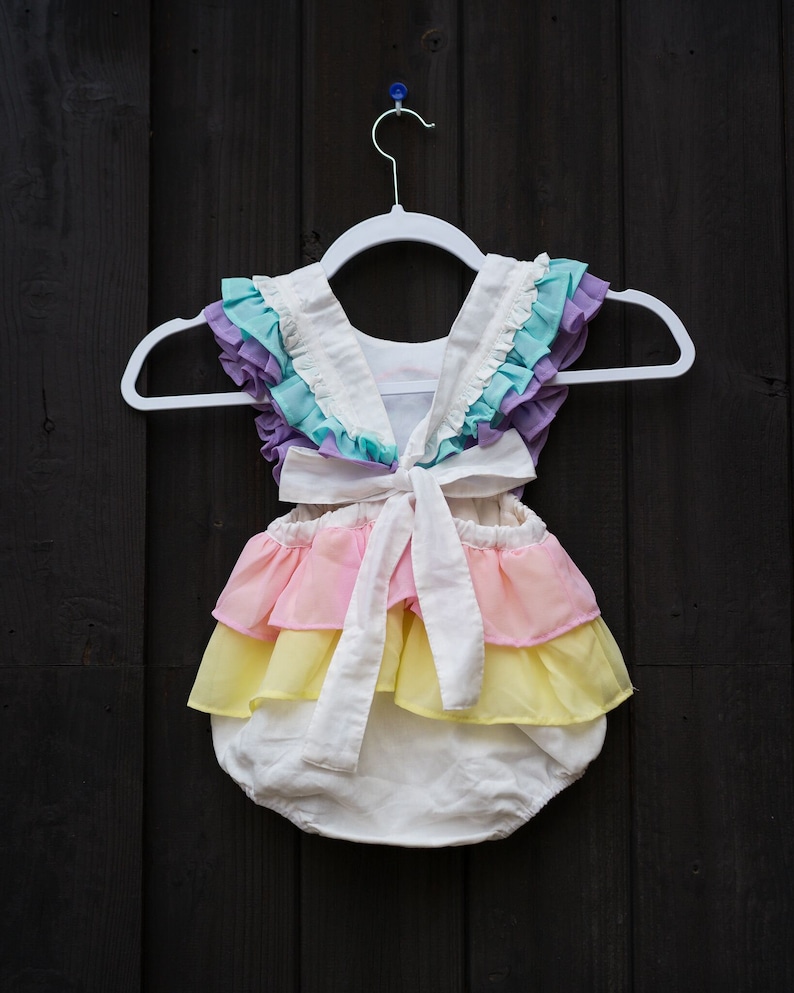 Rainbow Baby 1st Birthday Outfit, Linen Toddler Summer Pinafore, Vintage Baby Bubble Romper, Cake Smash Outfit, Over the Rainbow image 6