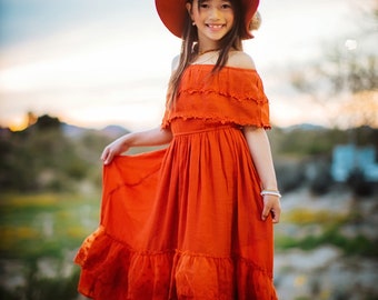 Dark Orange Flower Girl Maxi Dresses Kids Boho Clothing Hippie Chic Toddler Fall Outfits Long Flowy Lace Dress Terracotta ISLA