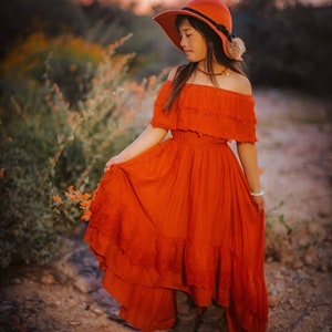 Burnt Orange Jr Bridesmaid Dress, Fall Flower Girl Dress, Bohemian Off the Shoulder Dress, Hippie Girl Maxi Dress, Rusty Orange Dress ISLA image 9