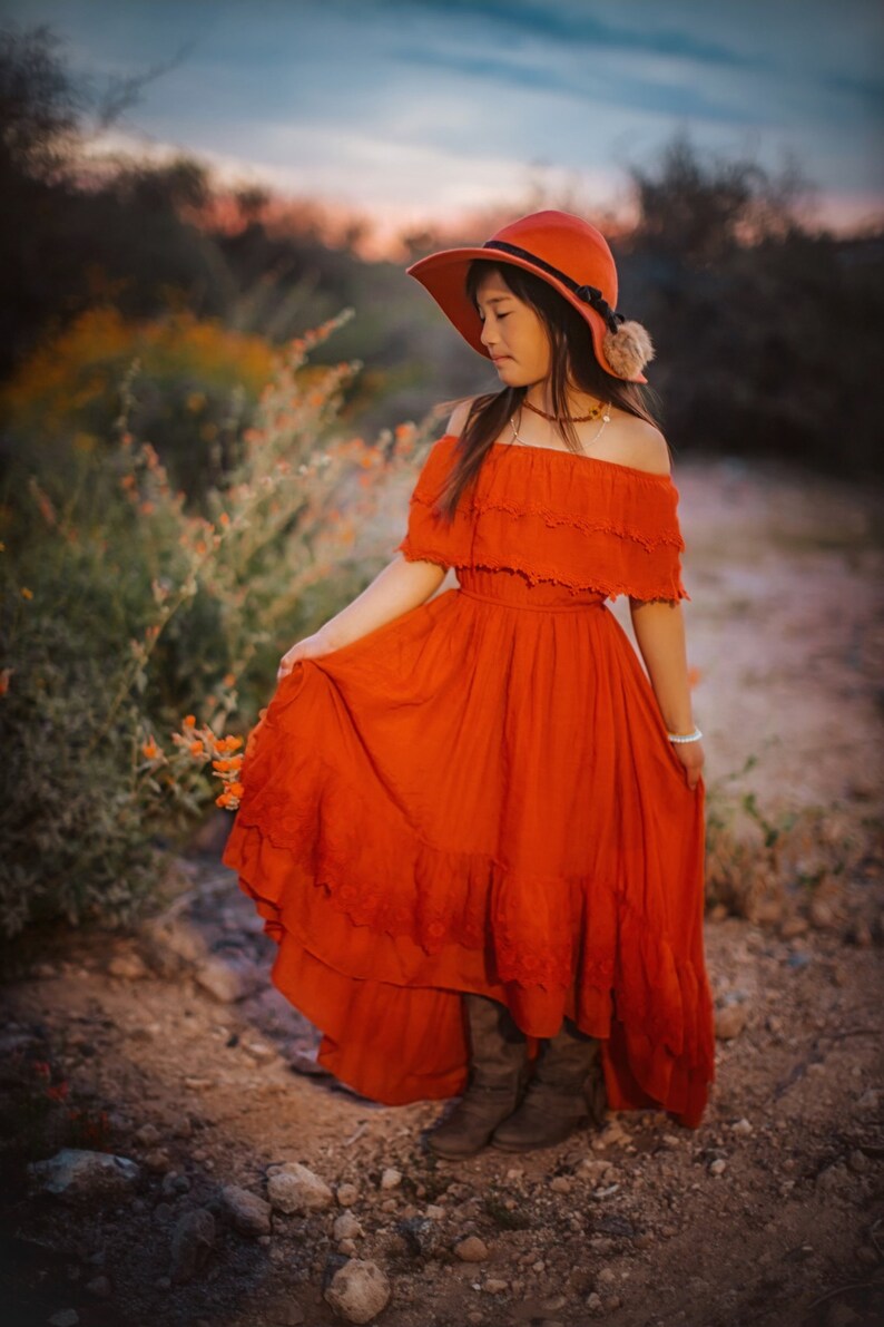 Burnt Orange Jr Bridesmaid Dress, Fall Flower Girl Dress, Bohemian Off the Shoulder Dress, Hippie Girl Maxi Dress, Rusty Orange Dress ISLA image 9