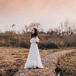 Boho Beach Off Shoulder Junior Bridesmaid Embroidered Maxi Dress Country Off White Flower Girl Dress with Sleeves ANABELLE image 2