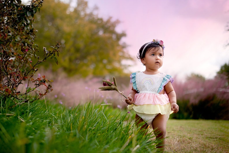 Rainbow Baby 1st Birthday Outfit, Linen Toddler Summer Pinafore, Vintage Baby Bubble Romper, Cake Smash Outfit, Over the Rainbow image 2