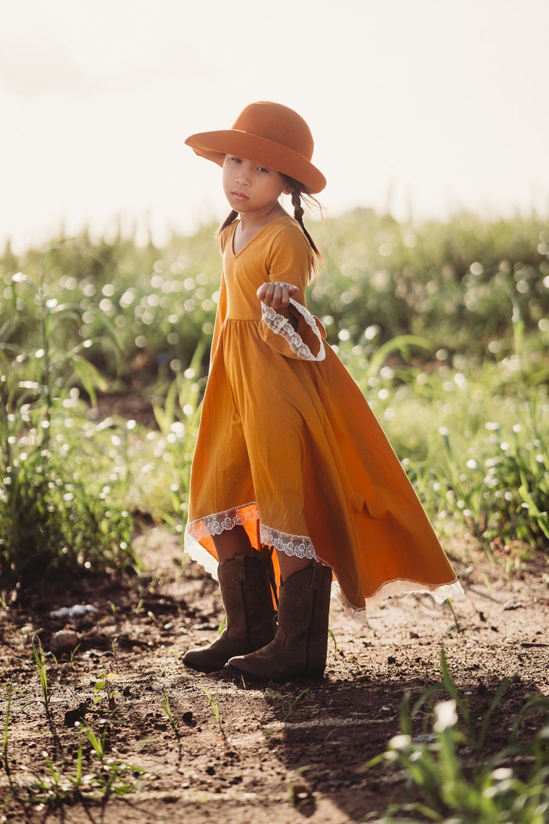 Boho Flower Girl Dress Burnt Orange Maxi Dress Mustard Yellow Junior Bridesmaid Dress Cotton High Low Twirl Dress Spring Dress Guinevere