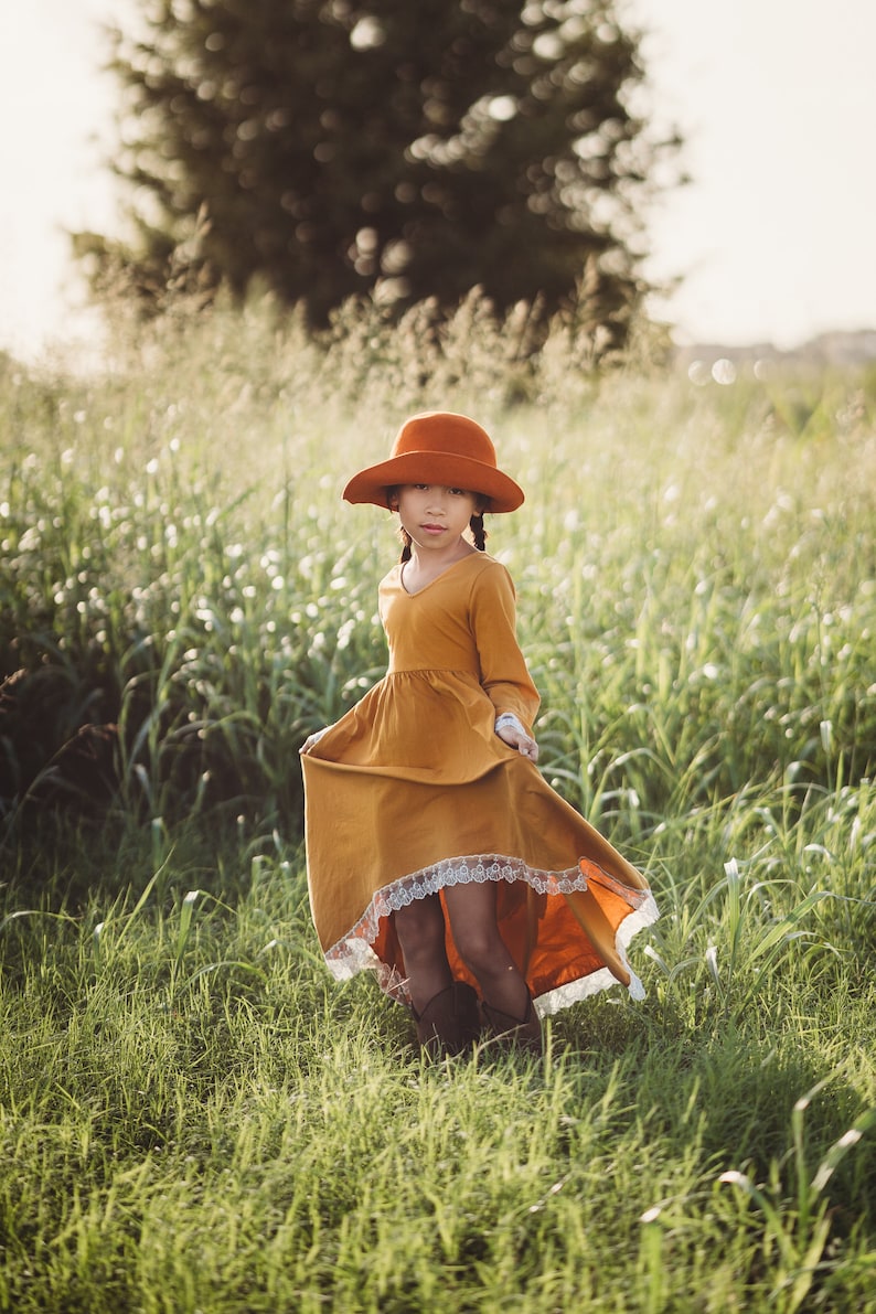 Boho Flower Girl Dress Burnt Orange Maxi Dress Mustard Yellow Junior Bridesmaid Dress Cotton High Low Twirl Dress Spring Dress Guinevere
