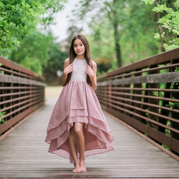 Bohemian High Low Photography Photoshoot Pink Lace Dress for Girls Todders, Boho Shabby Chic Flower Girl Maxi Dresses BREEZY