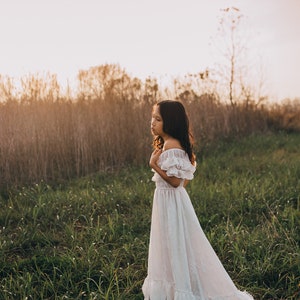 Boho Beach Off Shoulder Junior Bridesmaid Embroidered Maxi Dress Country Off White Flower Girl Dress with Sleeves ANABELLE image 6