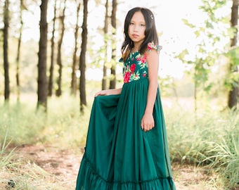 Little Girl Festive Holiday Dress for Photoshoot Vintage Inspired Toddler Christmas Maxi Dress Green & Red Floral Print EMMA