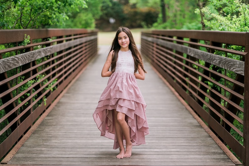 Little Girl Boho Dress, Mauve Pink High Low Dress, Vintage Style Flower Girl Dress, Country Flower Girl Dress, Open Back Dress Maxi, BREEZY image 3