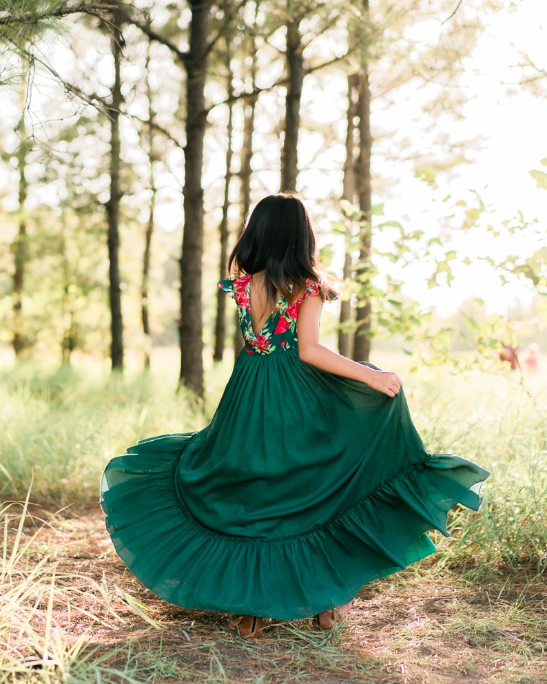 Petite Fille Robe de Fête de Fête pour Photoshoot vintage Inspired Toddler Noël Maxi Robe Vert & Rouge Imprimé Floral EMMA image 4