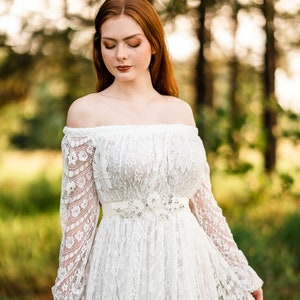 Rustic Lace Wedding Dress Plus Size Wedding Gown Long Flowy Off the Shoulder Bridal Dress Winter Wedding Dress Angelica image 6