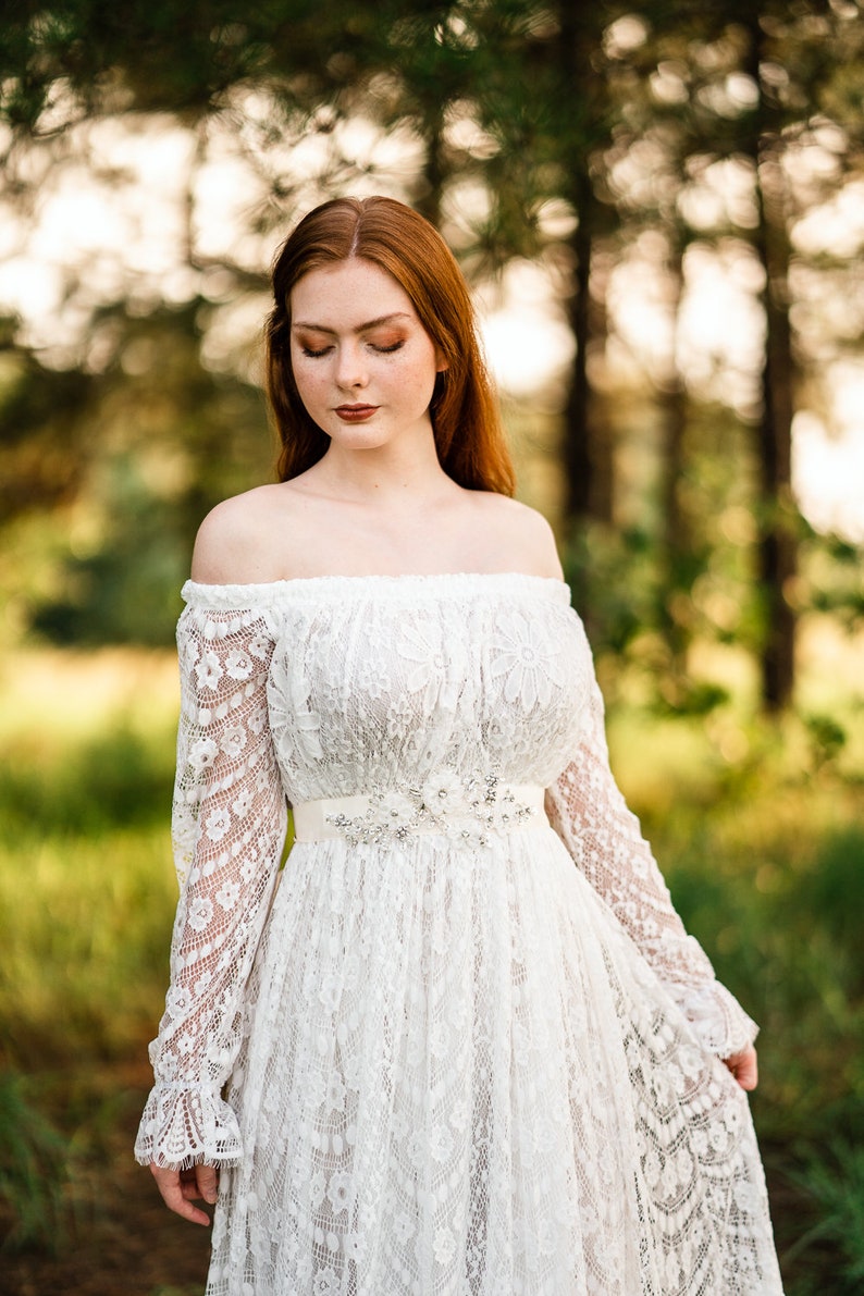 Rustic Lace Wedding Dress Plus Size Wedding Gown Long Flowy Off the Shoulder Bridal Dress Winter Wedding Dress Angelica image 6