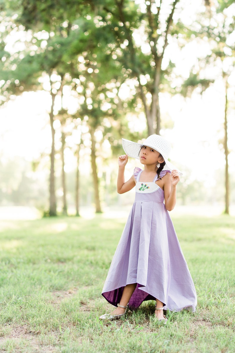 Lavender Purple Easter Dress Heirloom Summer Floral Dress Floral Embroidery Little Girls Twirl Dress Cotton High Low Dress Spring Bloom