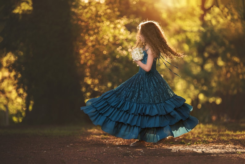 Teal Blue Girls Pageant Dress Princess Couture Woodland Fairy Dress Peacock Blue Winter Flower Girl Lace Maxi Dress Rustic Wedding Versaille