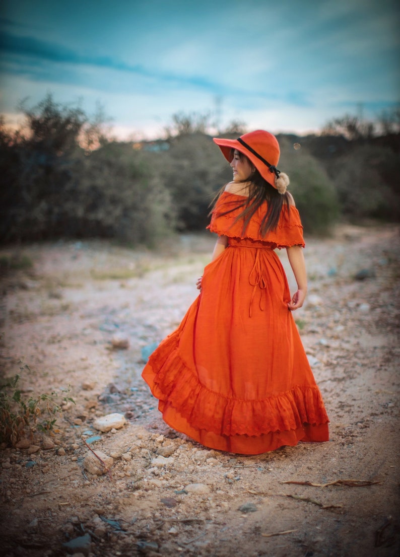 Burnt Orange Jr Bridesmaid Dress, Fall Flower Girl Dress, Bohemian Off the Shoulder Dress, Hippie Girl Maxi Dress, Rusty Orange Dress ISLA image 8