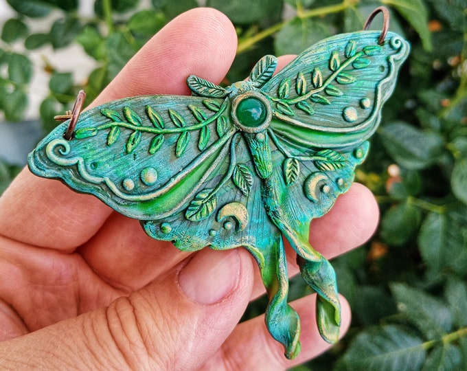 Luna Moth Fantasy Pendant Polymer Clay Moth Insect Jewelry Lunar Talisman Moth Spirit Witch