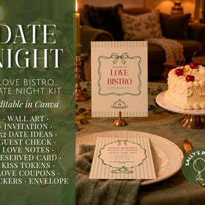 Könnte beinhalten: Ein Date Night Love Bistro Set mit einer Menükarte mit Schleifengrafik, einer Tischkarte und einem weißen Kuchen mit Kirschen. Der Text enthält Date Night, Love Bistro und eine Liste von Inhalten wie Wandkunst, Einladungen und Gutscheine.