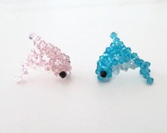 Crystal Beaded Dolphin Miniatures, Aqua Blue and Pink Dolphin Ornaments, Cute Handmade Mini Dolphin Figurines Home Decor