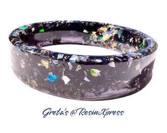 Wide Square Resin Bangle – Gold Shards & Iridescent Shimmer – Faux Stone Statement Bracelet